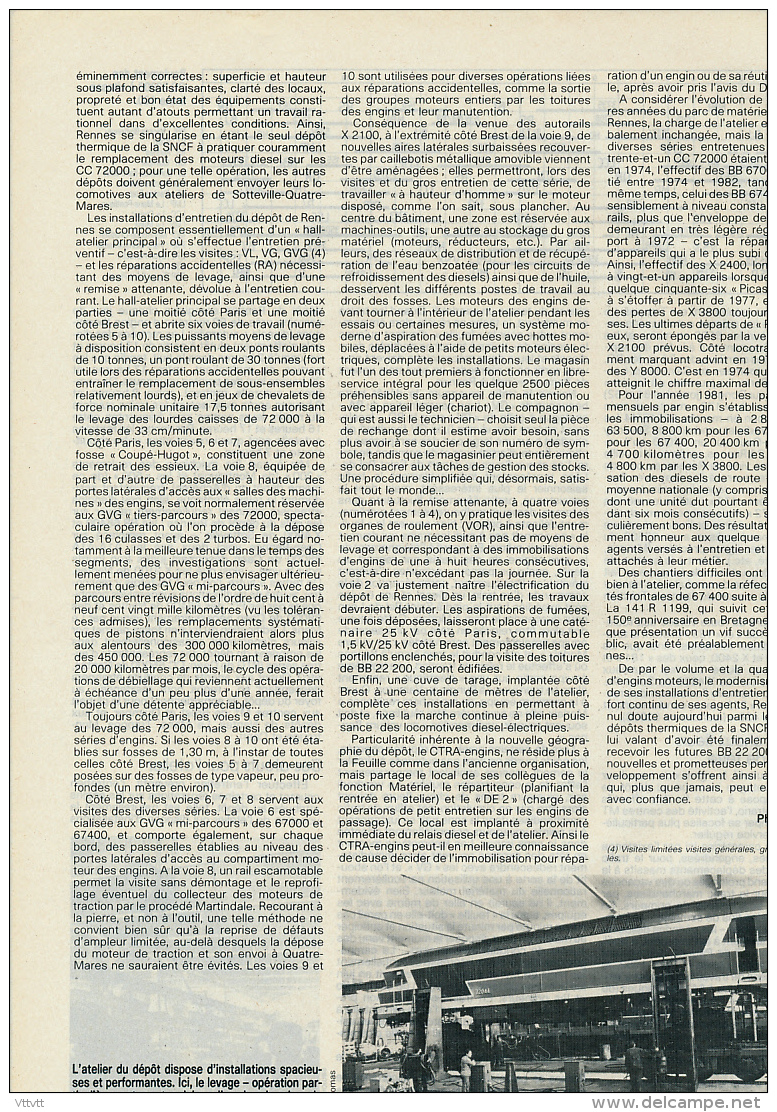 1982 : Document, RENNES, Chemin de fer, Un grand dépôt de l'Ouest, Atelier, Autorail, Nettoyage, Schéma, Levage...