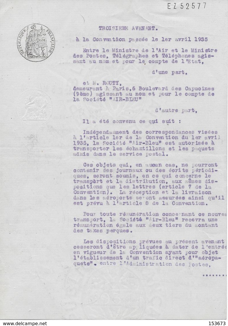 Document Exceptionnel Convention Compagnie AIR BLEU Et PTT 1936 Avec Signature Georges MANDEL Et Marcel DEAT - Historical Documents