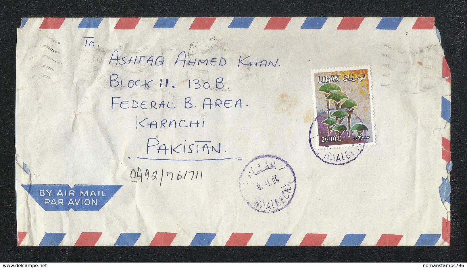 Lebanon 1996 Air Mail Postal Used Cover Liban To Pakistan - Liban