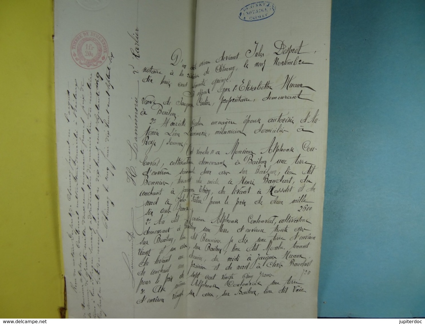 Acte Notarié 1875 Adjudication Des Biens De Vve Carlier Acquis Par Coulonval De Baileux /19/ - Manuscrits