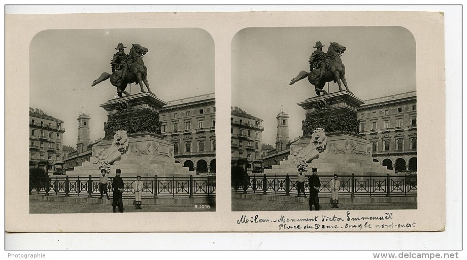 Italie Milan Monument Victor Emmanuel Ancienne Photo Stereo 1900 - Stereoscopic
