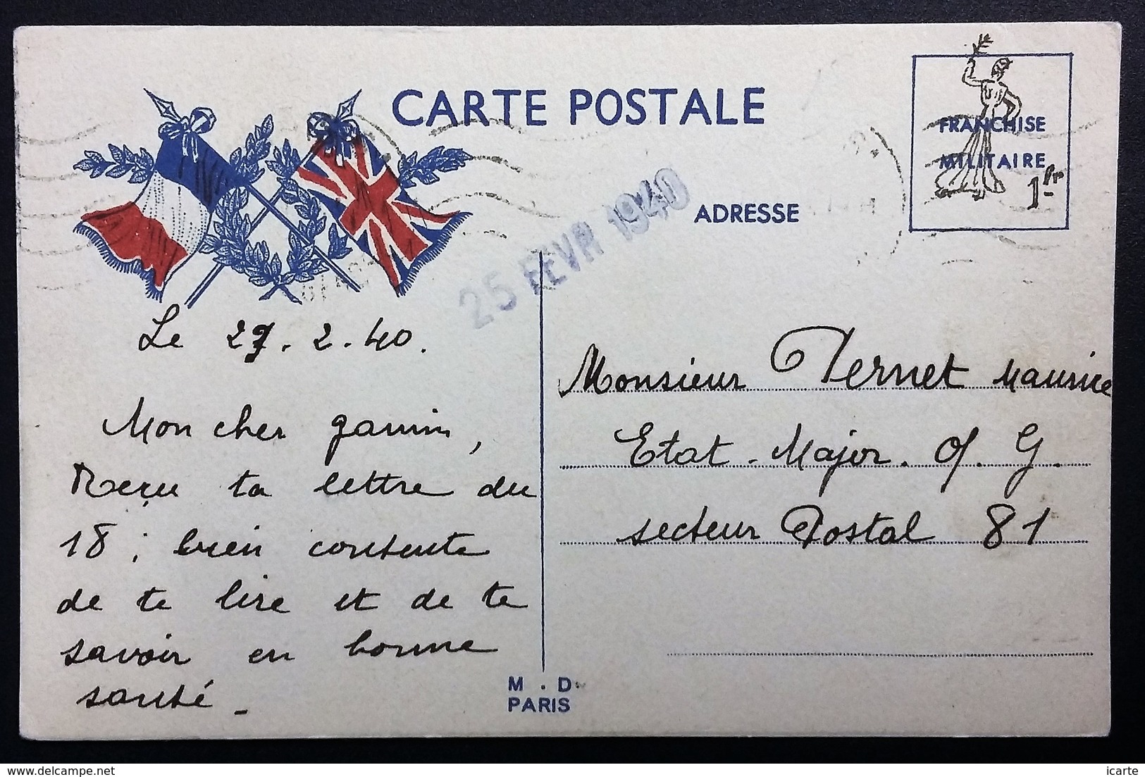 Carte De Franchise Militaire Simili-timbre Dessiné Paix 1fr République Rameau D'olivier Du 25 Février 1940 - Lettres & Documents