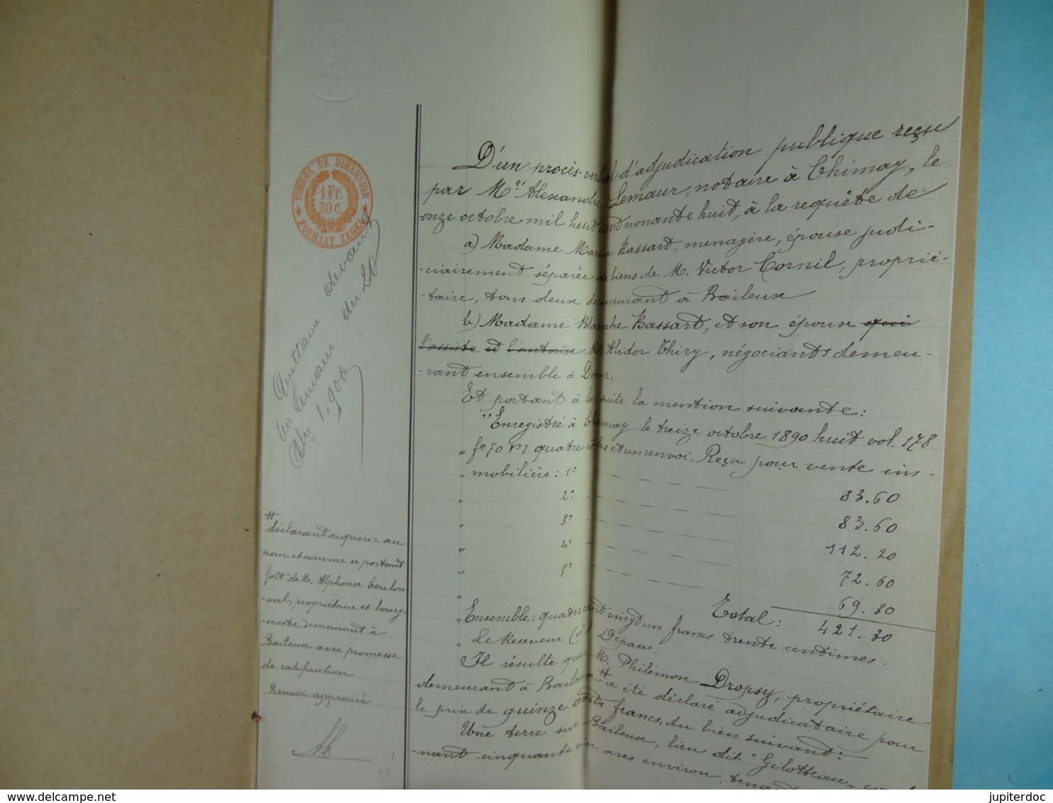 Acte Notarié 1898 Adjudication Publique à La Requête De Cornil-Rassart De Baileux à Coulonval De Baileux /02/ - Manuscripten
