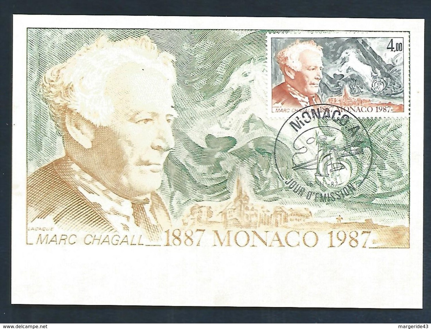 MONACO CARTE MAXIMUM 1987 MARC CHAGALL  PEINTURE - Cartes-Maximum (CM)