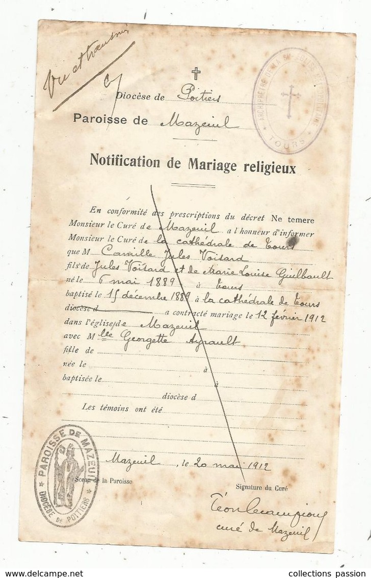 Notification DeMARIAGE RELIGIEUX , Diocèse De Poitiers , Paroisse De MAZEUIL , 1912, Frais Fr 1.45 E - Ohne Zuordnung