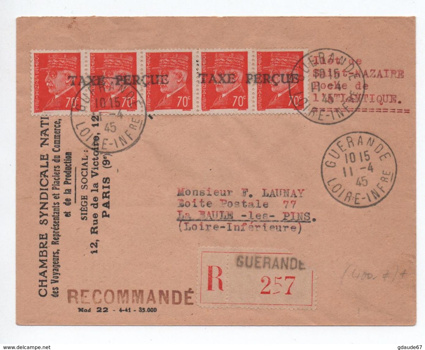 ILOT DE SAINT NAZAIRE / POCHE DE L'ATLANTIQUE - 1945 - ENVELOPPE RECOMMANDEE De GUERANDE (LOIRE ATLANTIQUE) - PETAIN - Guerre De 1939-45