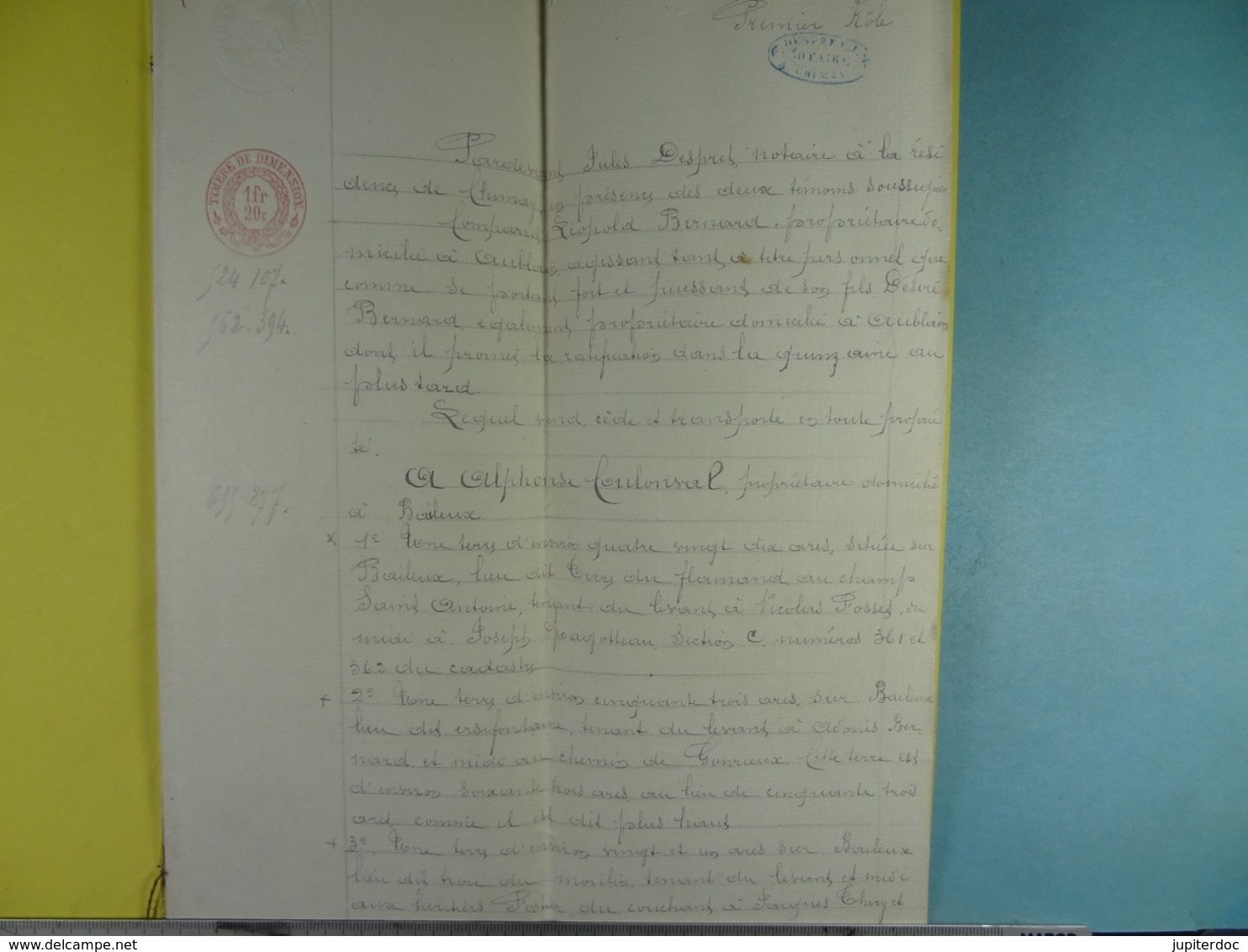 Acte Notarié 1876 Vente à Coulonval De Baileux Par Bernard D'Aublain /09/ - Manuscripts