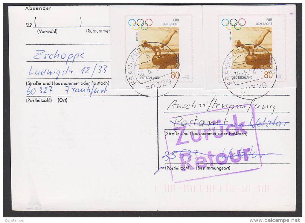BRD 80 Pf GA-Ausschnitt PSo 42(2) Sport Turner Am Seitpferd Auf Anschriftenprüfung, Portogenau - Postcards - Used