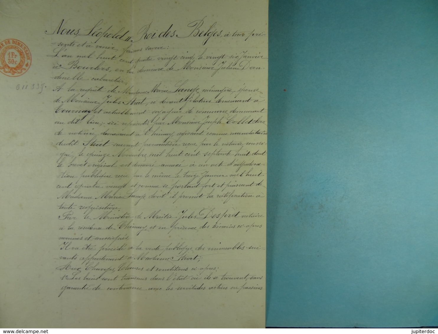 Acte Notarié 1885 Vente Publique à La Requête De Mde Lange épse Strat De Tournay à Coulonval De Baileux /010/ - Manoscritti