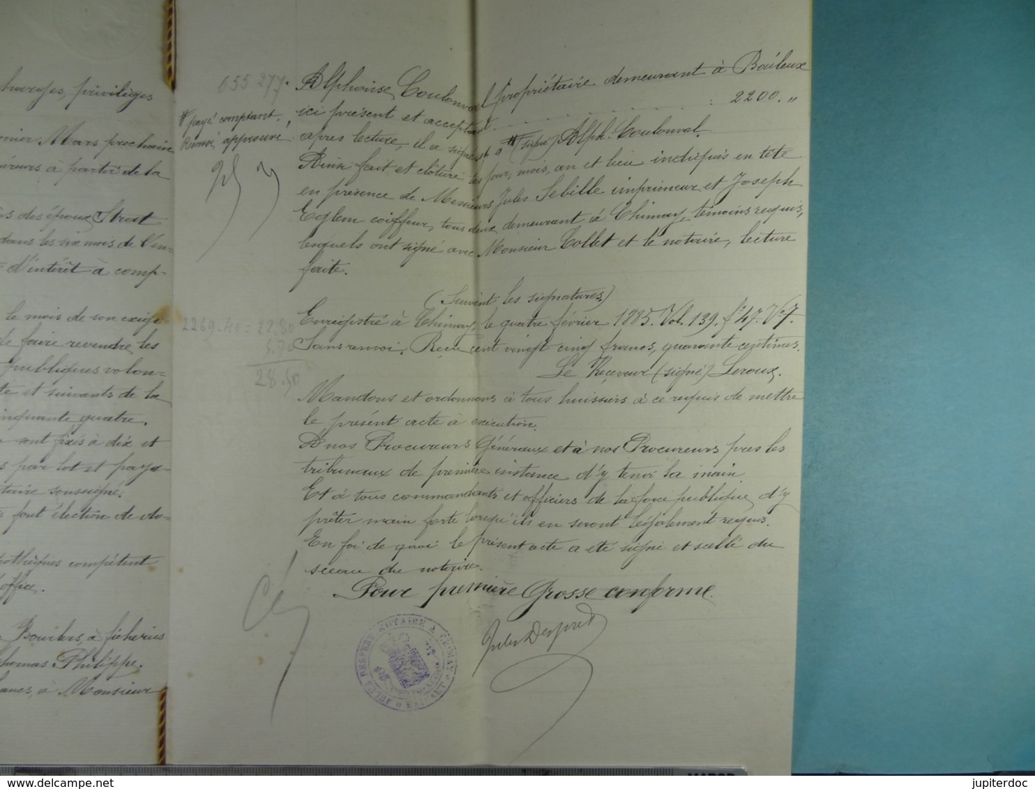 Acte Notarié 1885 Vente Publique à La Requête De Mde Lange épse Strat De Tournay à Coulonval De Baileux /010/ - Manuscrits