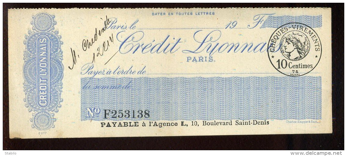 CHEQUE - BANQUE CREDIT LYONNAIS (PARIS) - FORMAT 18 X 7 CM - Chèques & Chèques De Voyage