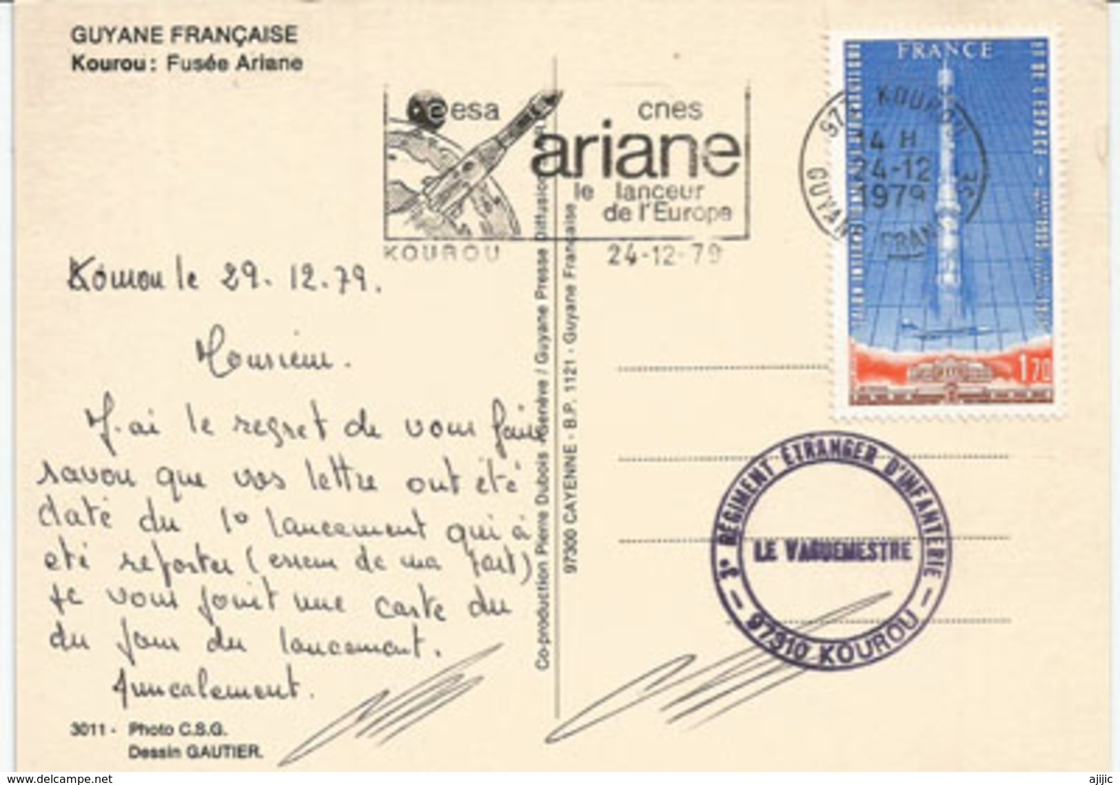 Carte Postale De Guyane, Flamme Ariane KOUROU - Guyane  Dec 1979, PREMIER LANCEMENT FUSÉE ARIANE (RARE) - Other & Unclassified