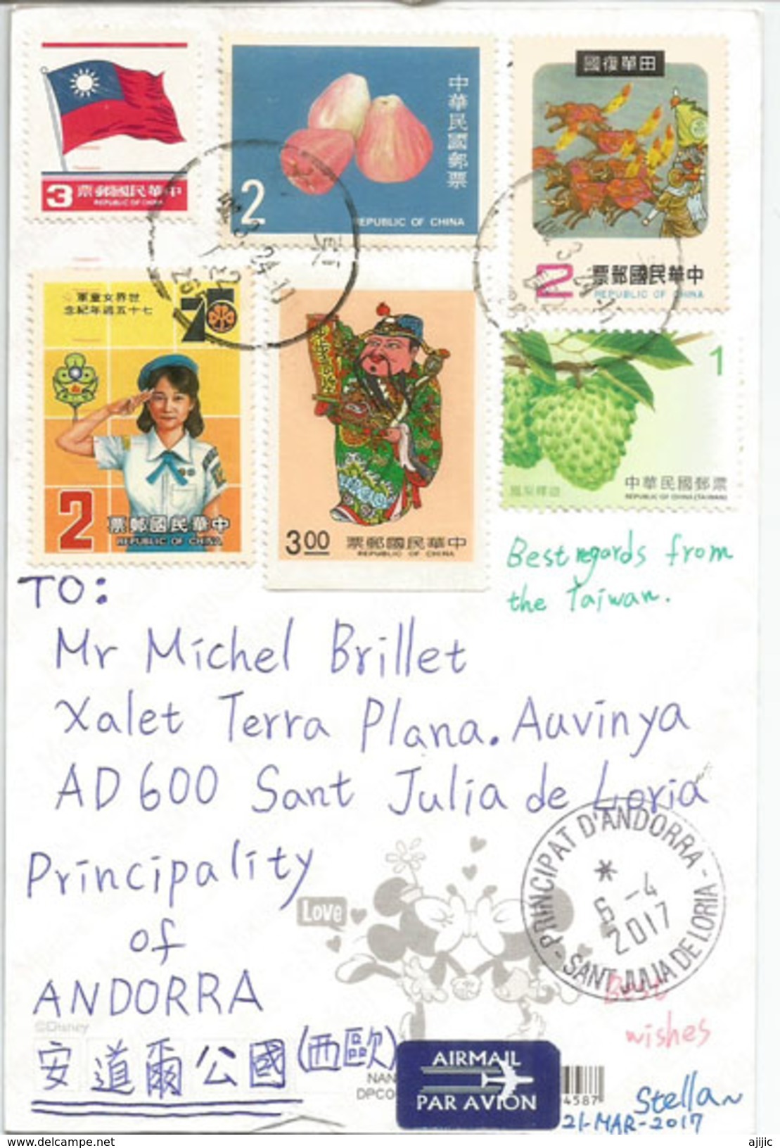 Chinese (Taïwan) Disney Postcard, Addressed To ANDORRA, With Arrival Postmark - Taiwán