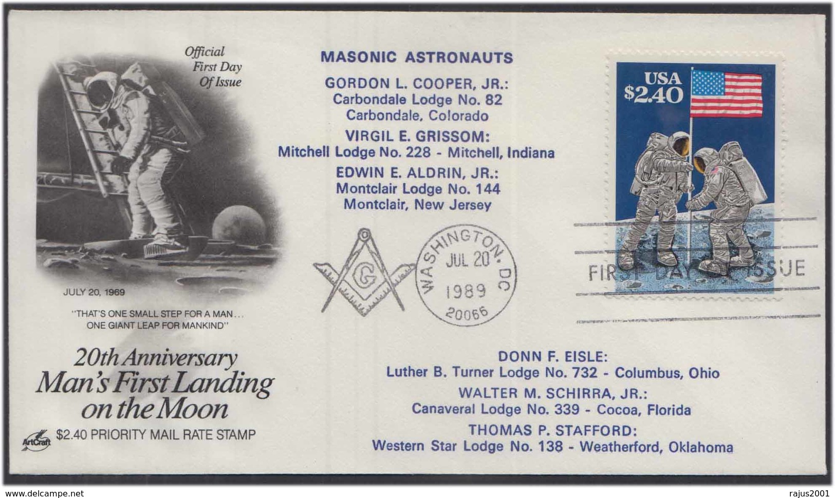 Man's First Landing On Moon Masonic Astronaut  Freemasonry Masonic Cover USA - Franc-Maçonnerie