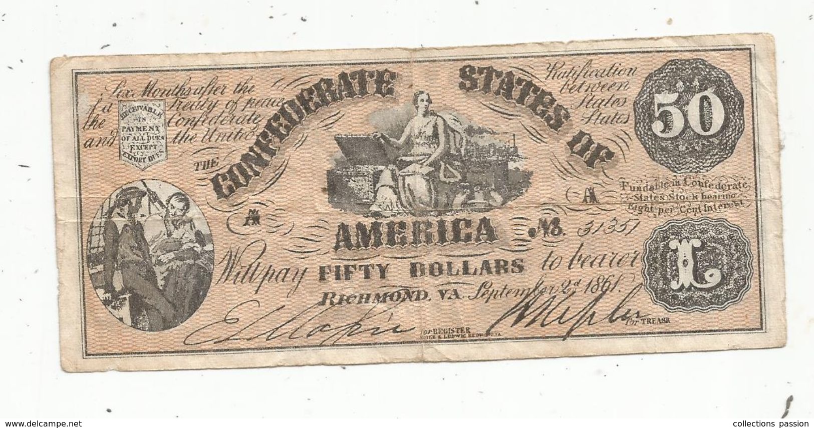 FAUX BILLET De Belle Facture , Confederate States Of America ,50 $ , 1861 , Richmond , VA - Autres & Non Classés