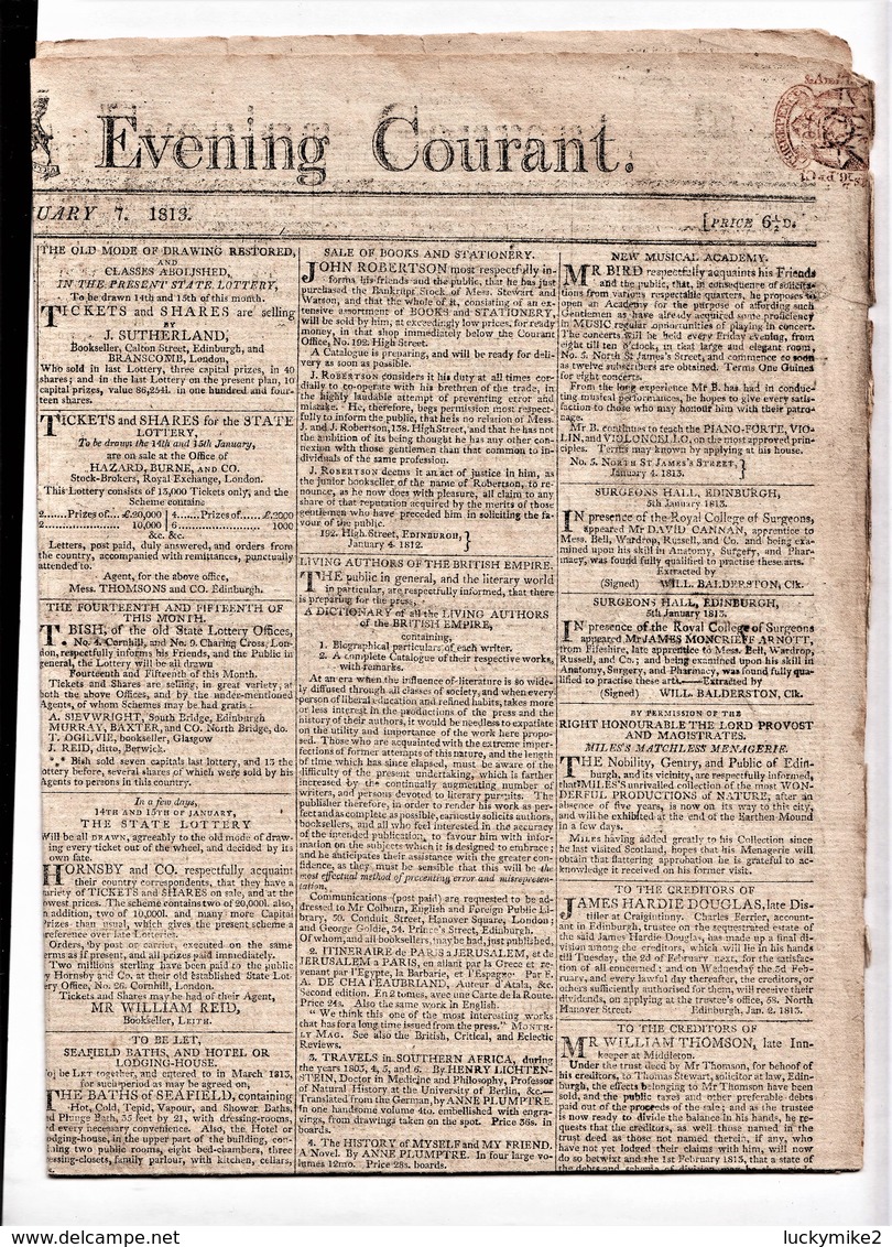 "1813 (January 7th) The Edinburgh Evening Courant".  Reasonable Condition.  Ref 0498 - Unclassified