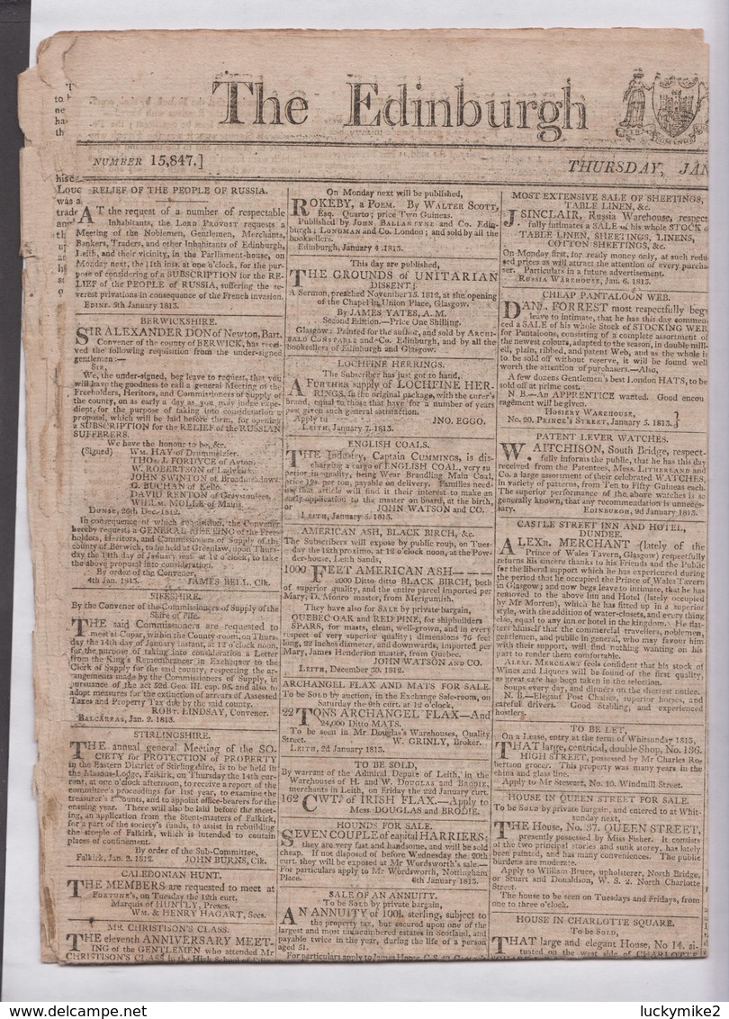 "1813 (January 7th) The Edinburgh Evening Courant".  Reasonable Condition.  Ref 0498 - Unclassified