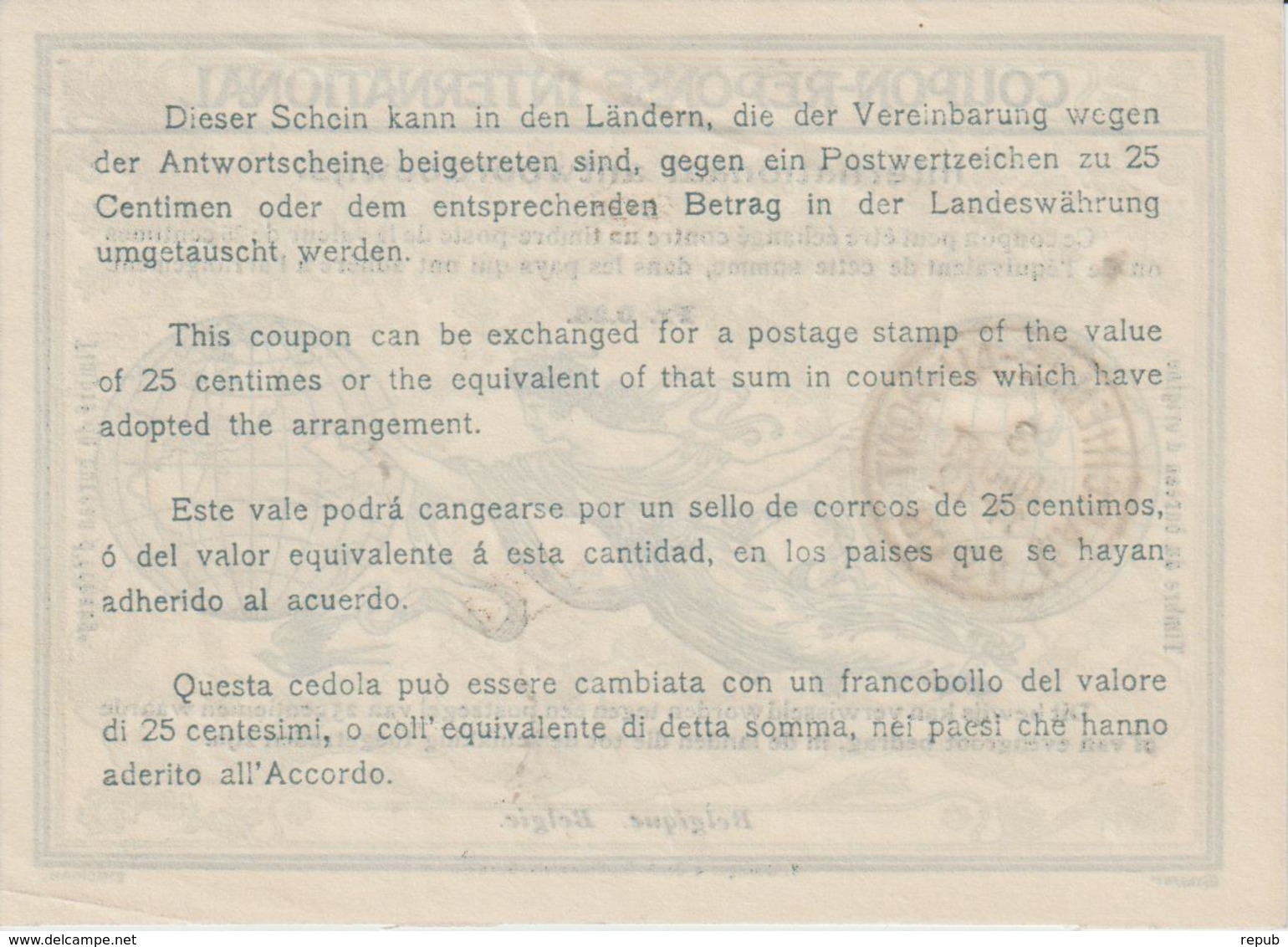 Belgique Coupon-Réponse Internationnal 28 Centimes Marchienne-Au-Pont 1908 - Buoni Risposta Internazionali (Coupon)