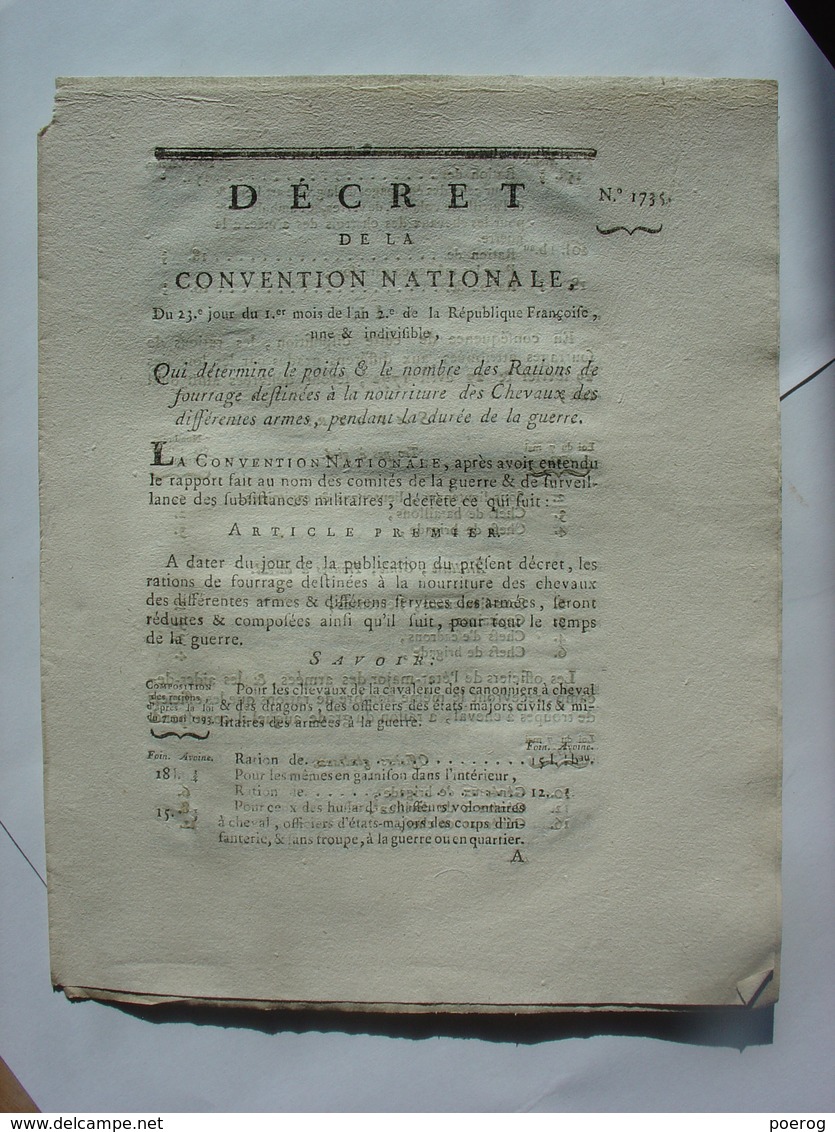 DECRET CONVENTION NATIONALE 1793 - RATIONS FOURRAGE DES CHEVAUX PENDANT LA GUERRE - CLERMONT FERRAND IMPRIMERIE DELCROS - Decretos & Leyes