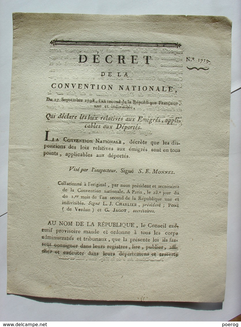 DECRET CONVENTION NATIONALE 1793 - LOIS DES EMIGRES DEPORTES CHOUAN VENDEE - CLERMONT FERRAND IMPRIMERIE LIMET - Decrees & Laws
