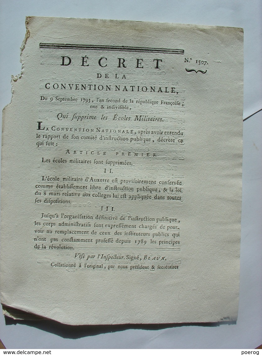 DECRET CONVENTION NATIONALE 1793 - SUPPRESSION DES ECOLES MILITAIRES - AUXERRE CLERMONT FERRAND IMPRIMERIE VEUVE DELCROS - Decreti & Leggi