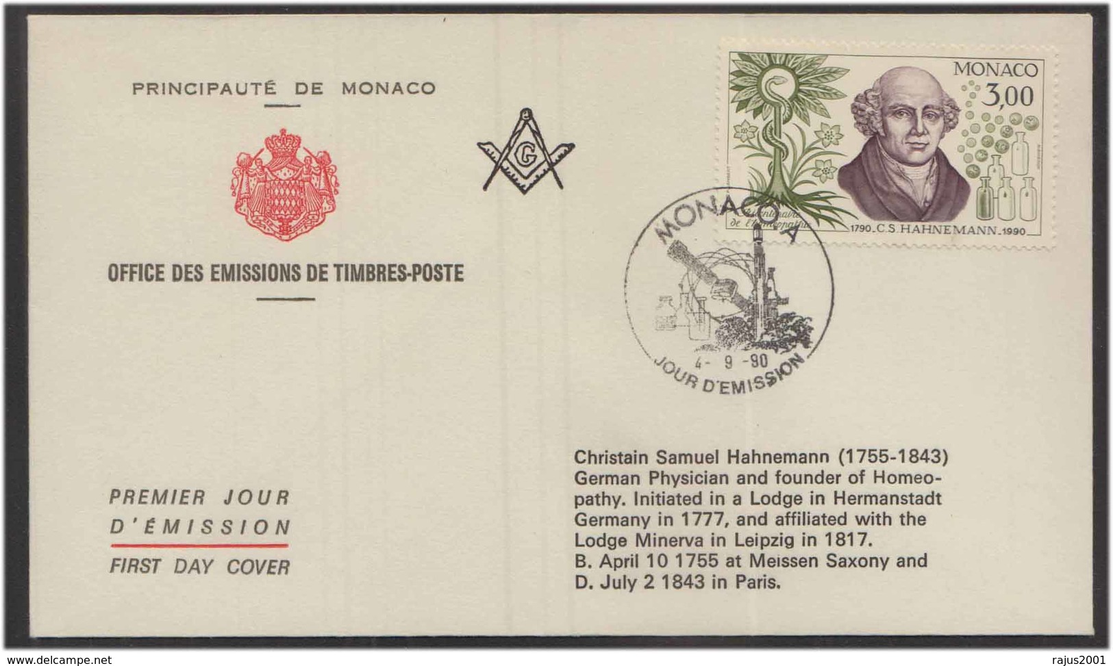 Freemasonry, Hahnemann, Initiated In Masonic Lodge In 1777, Cincona Plant, Malaria, Disease, Masonic Cover, Monaco - Freemasonry