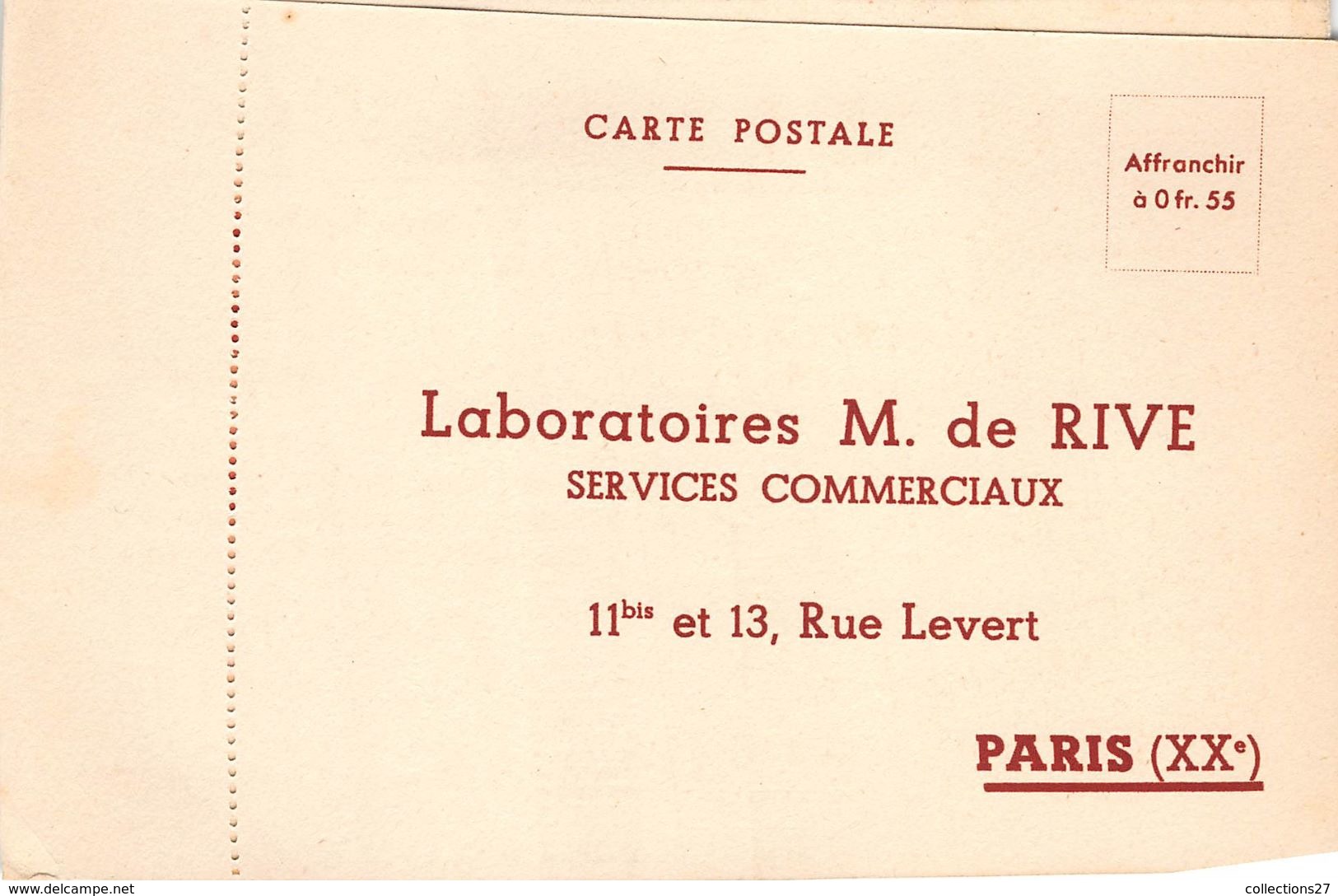 PARIS 20- LABORATOIRES M. DE RIVE 11 BIS ET 13 RUE LEVERT CARTE PUB - Arrondissement: 20