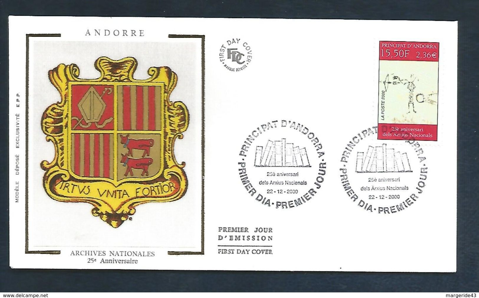 ANDORRE FDC 2000 ARCHIVES NATIONALES - FDC