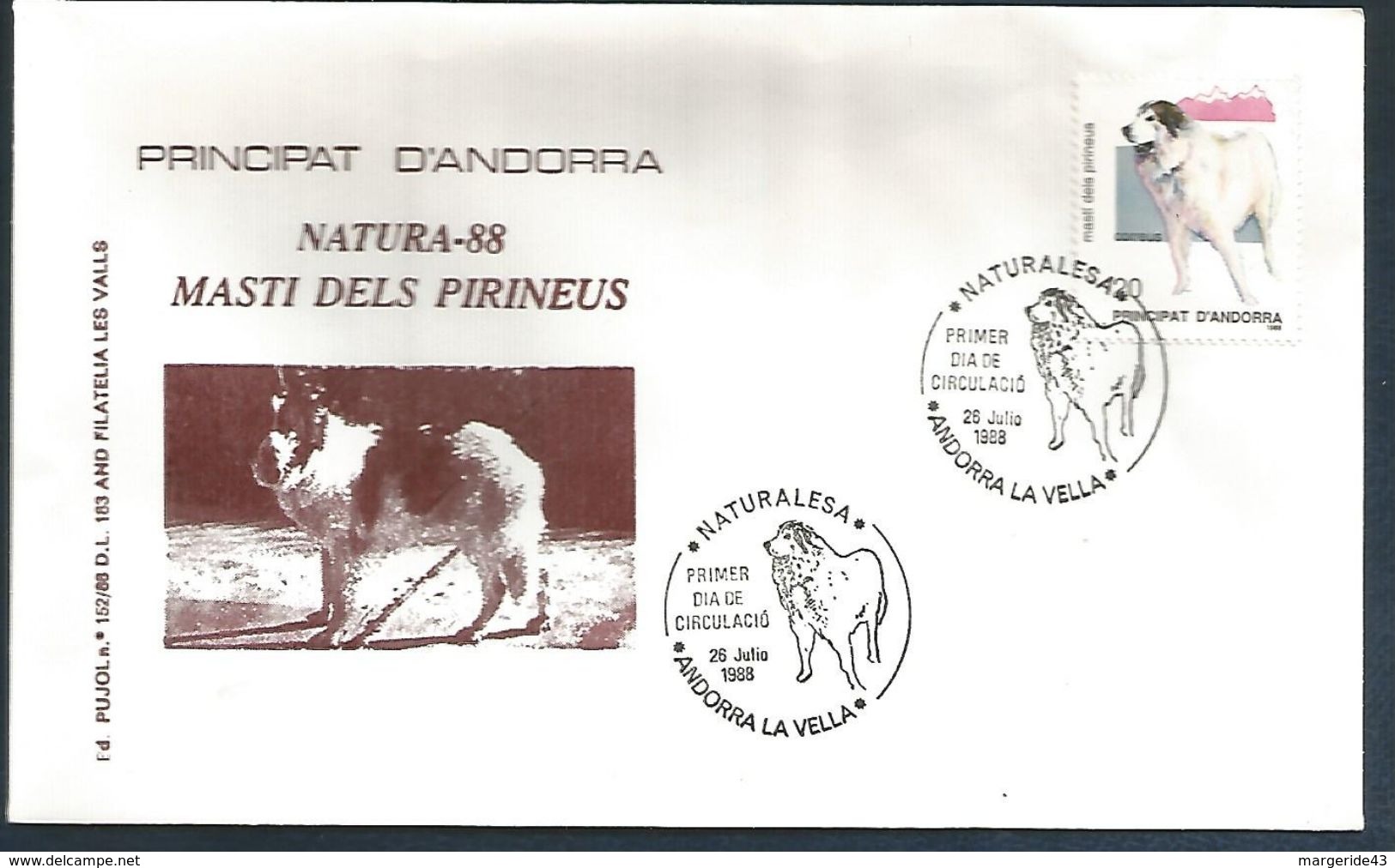 ANDORRE ESPAGNOL FDC 1988 CHIEN DES PYRENEES - Autres & Non Classés