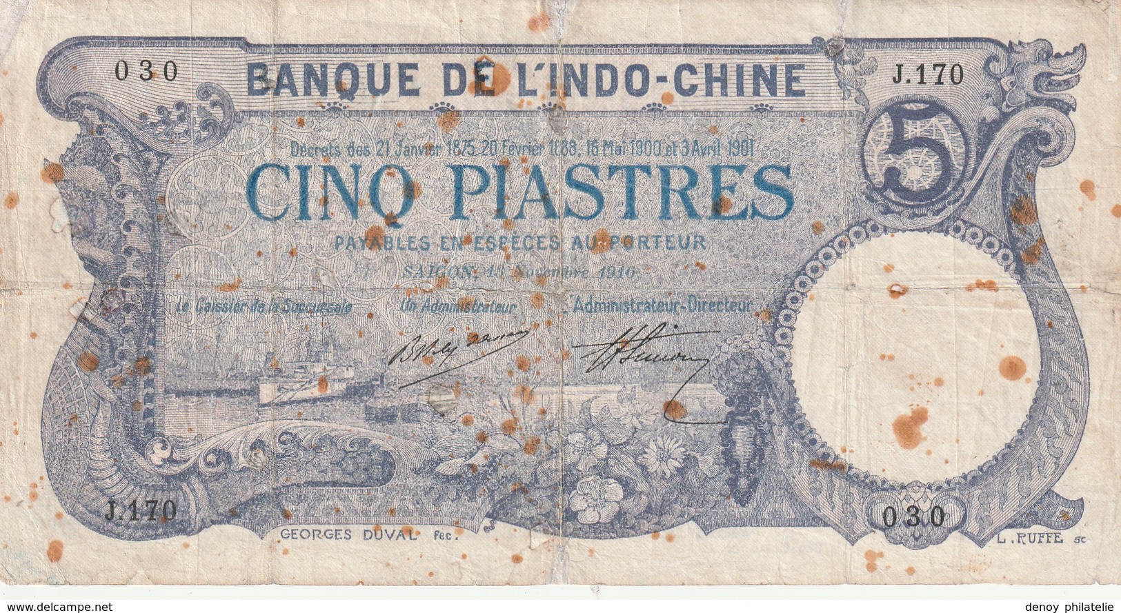 Billet De 5 Piastres De La Banque De L'indochine Du 18 Novembre 1916 RRR - Indochine