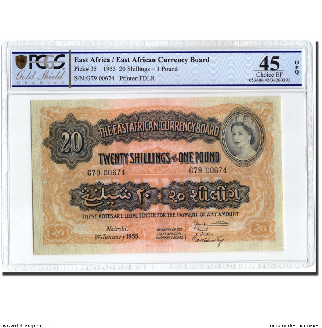 Billet, EAST AFRICA, 20 Shillings = 1 Pound, 1955, 1955-01-01, KM:35, Gradée - Kenya