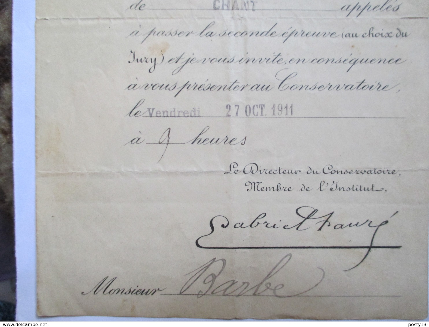 Document Du Conservatoire National De Musique De Paris - 1911 - Avec  Signature Autographe Pré-imprimé De Gabriel Fauré - Unclassified