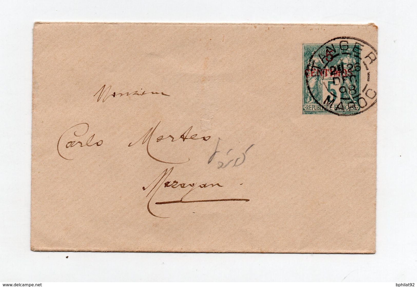 !!! PRIX FIXE : MAROC, ENTIER POSTAL TYPE BLANC CACHET DE TANGER DE 1898 POUR MAZAGAN - Covers & Documents