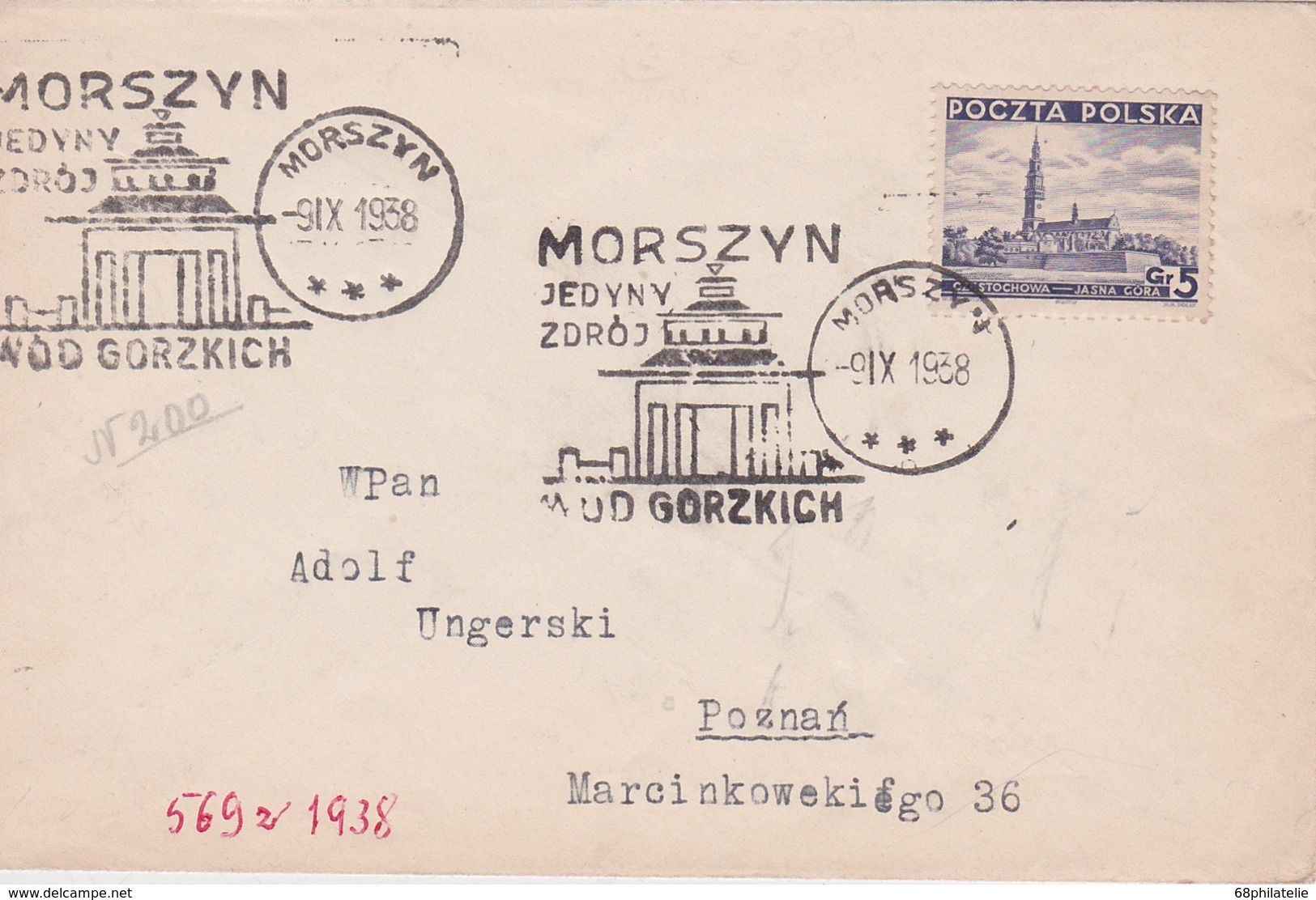 POLOGNE 1938 LETTRE DE MORSZYN  OBL. CURE  EAU AMERE - Covers & Documents