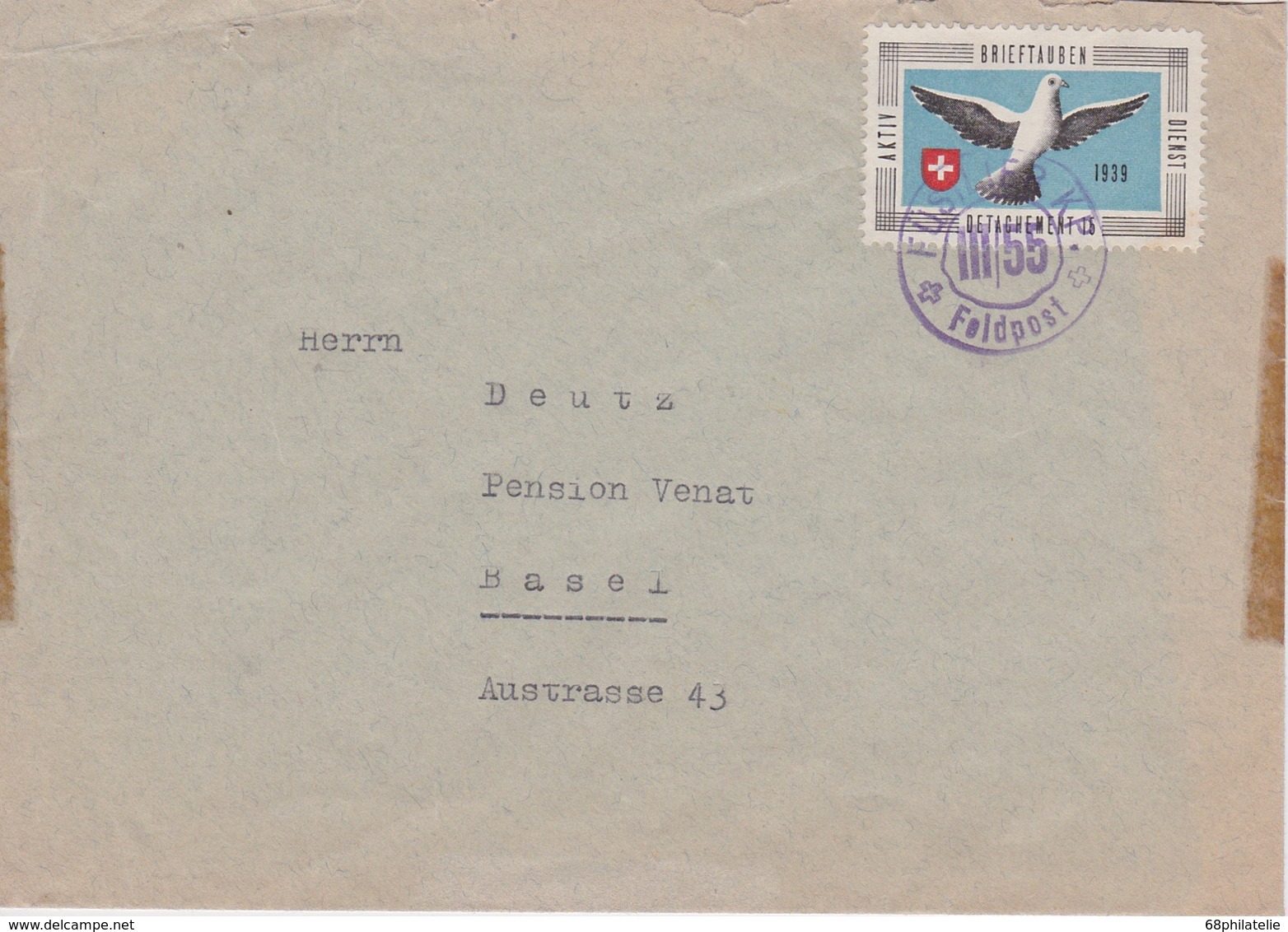 SUISSE 1939 LETTRE AVEC VIGNETTE PIGEON VOYAAGEUR ET CACHET  FUSILIER K.P. - Dokumente