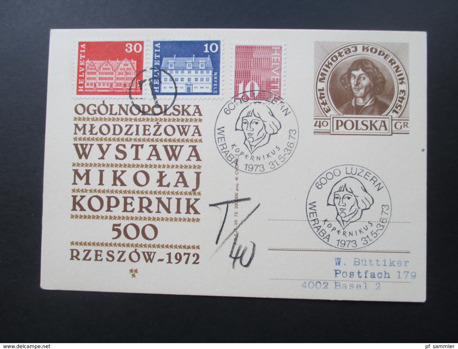 Polen 1973 Ganzsache Mit Sonderstempel Kopernikus Nach Basel Gesendet Und Mit Nachporto Belegt! T-Stempel T / 40 - Covers & Documents