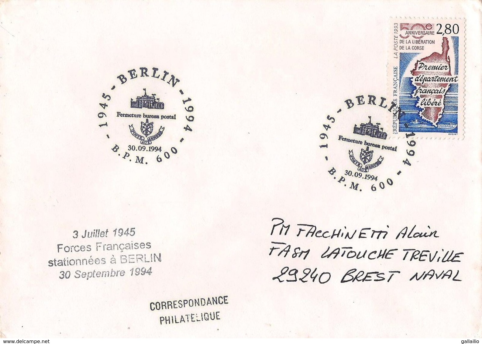 MARCOPHILIE NAVALE FORCES FRANCAISES A BERLIN FERMETURE BUREAU POSTAL 30 SEPTEMBRE 1994 - Poste Navale