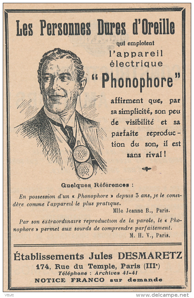 Ancienne Publicité (1925) : Appareil éléctrique PHONOPHORE Pour Les Personnes Durs D'oreille, Sourd, Surdité - Pubblicitari