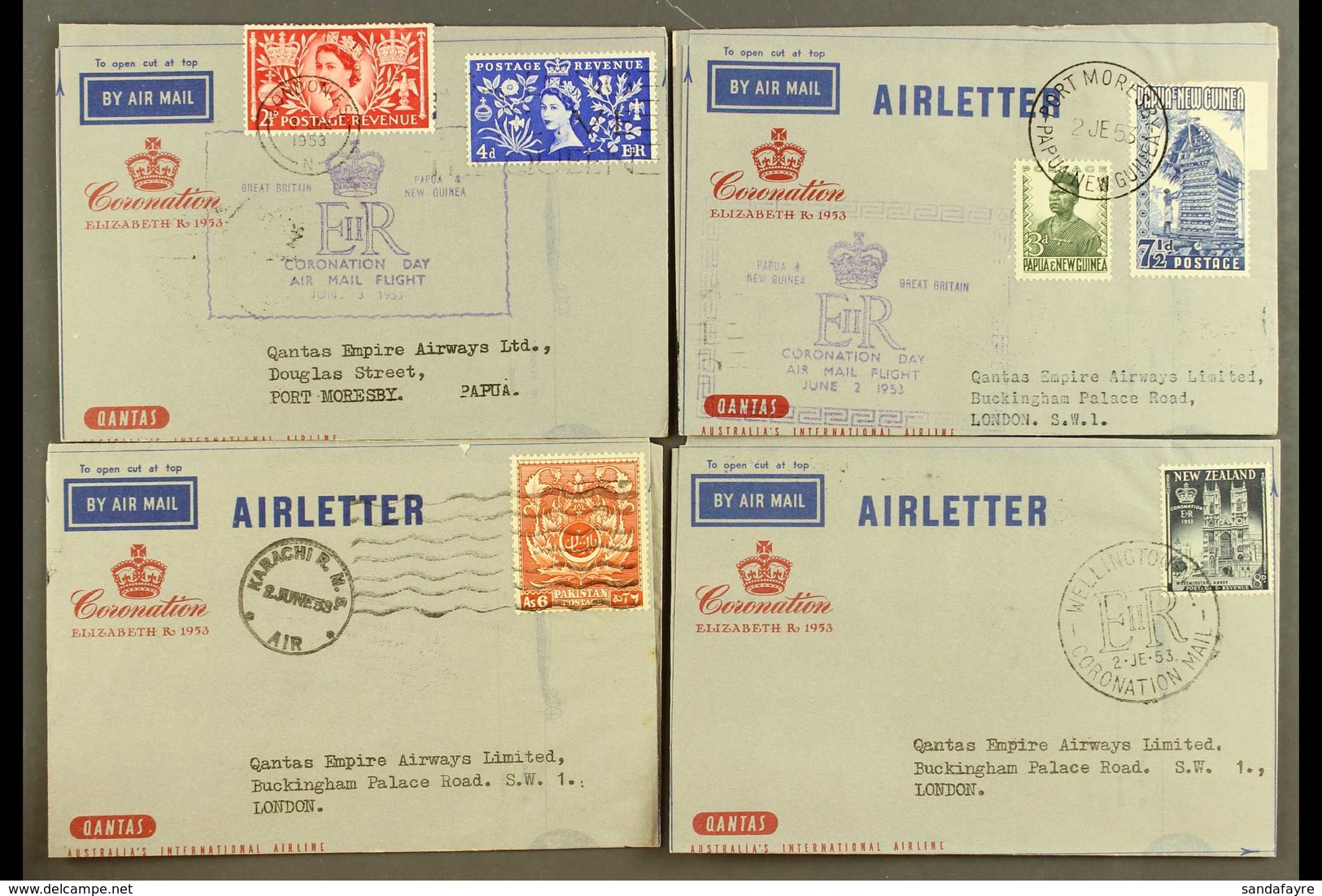 1953 QANTAS CORONATION DAY AIR LETTERS A Group Of Six "Qantas / Coronation" Printed Air Letters Bearing Various Coronati - Autres & Non Classés