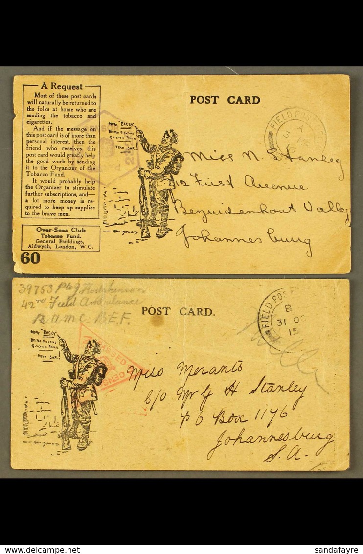 TOBACCO FUND - WWI POSTCARDS Two Illustrated Cards Sent 1915/16 To Johannesburg, South Africa, Both With Messages Of Tha - Other & Unclassified