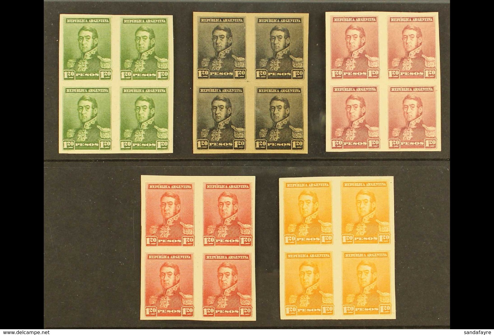 1896-7 COLOUR TRIALS & PROOFS 1p.20 San Martin COLOUR TRIALS In FIVE Different Colours In BLOCKS OF FOUR On Card, As Sco - Andere & Zonder Classificatie