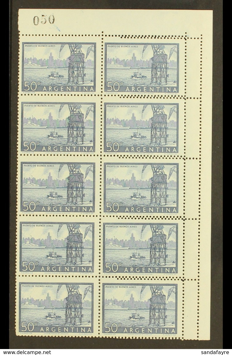 1954-59 50c Blue Buenos Aires Harbour Recess (Scott 632, SG 868), Fine Mint Corner BLOCK Of 10 (2x5)showing DOUBLE COMB  - Sonstige & Ohne Zuordnung