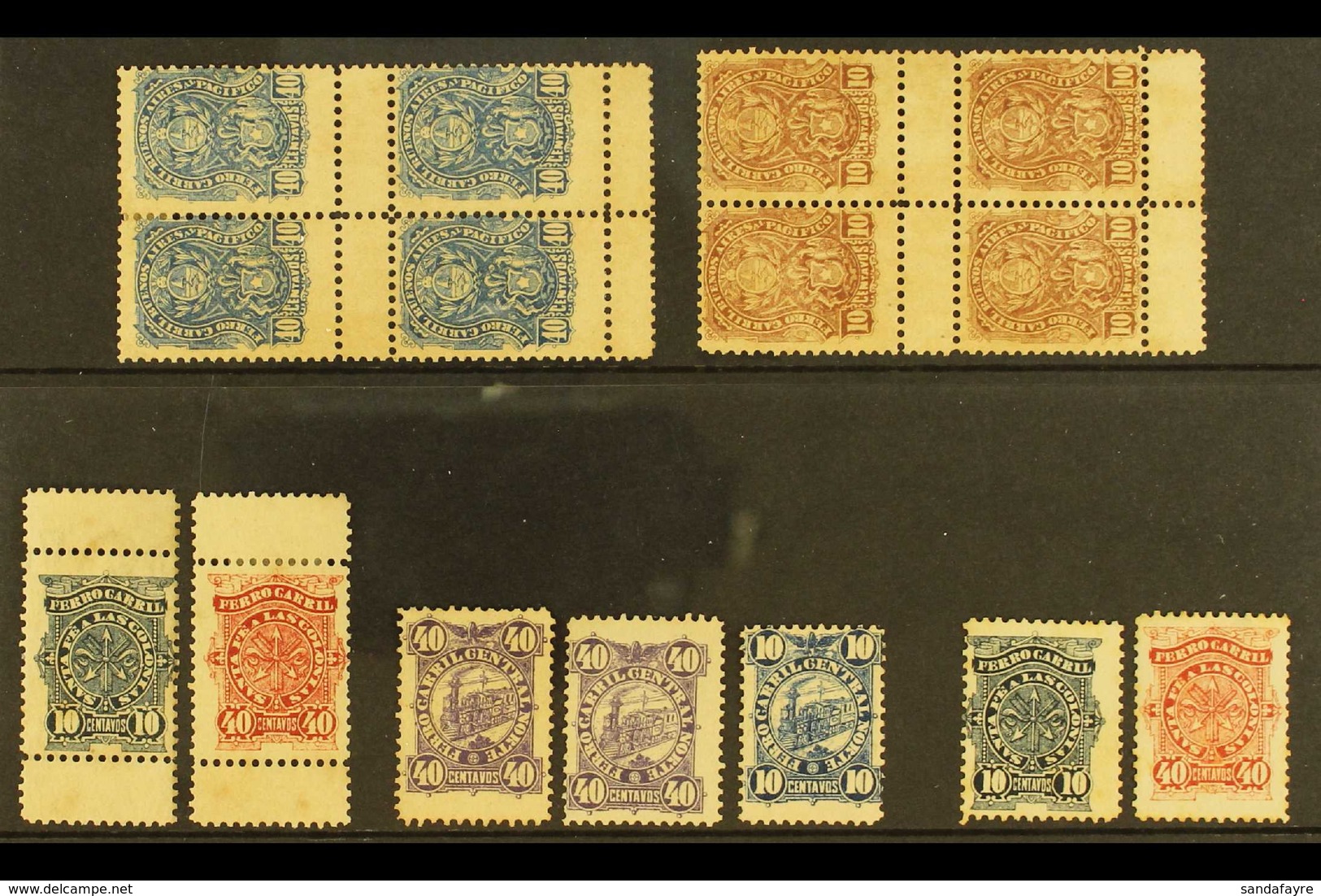 RAILWAY TELEGRAPH LOCAL STAMPS 1887 Ferrocarril Buenos Aires Al Pacifico 10c & 40c Gutter Blocks Of 4 Mint, Ferrocarril  - Sonstige & Ohne Zuordnung