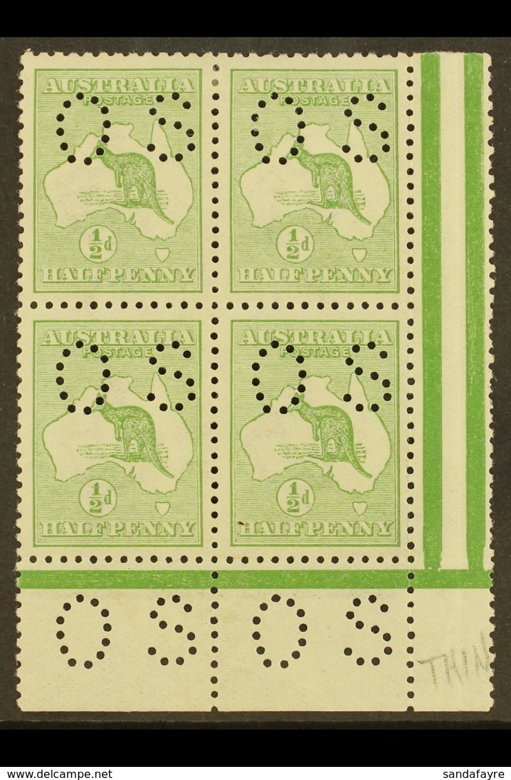 OFFICIALS 1913 ½d Pale Green, Punctured "O S" (smaller Letters, SG Type O2), Corner Marginal Block Of 4, SG O16, Very Fi - Autres & Non Classés