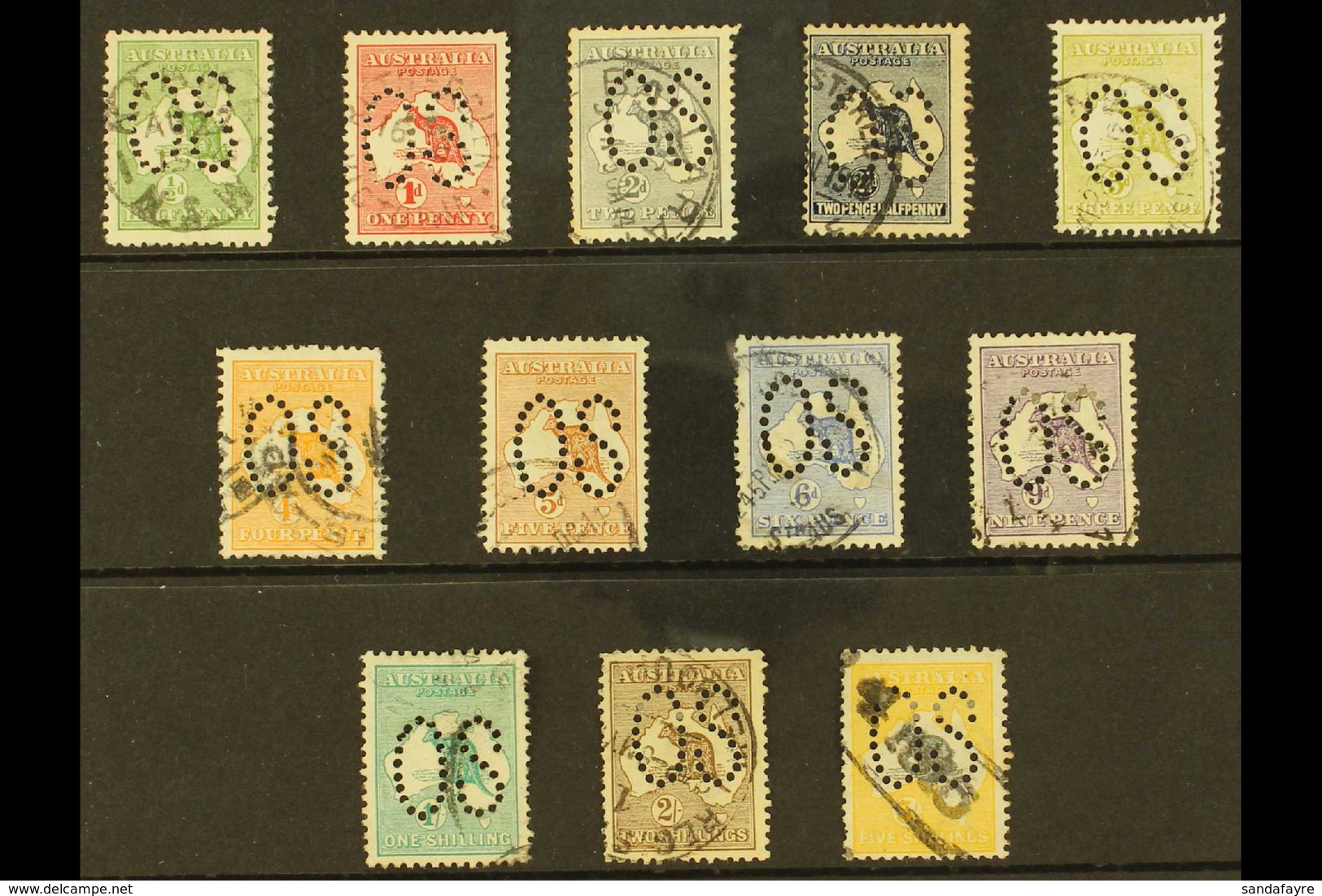OFFICIALS 1913 Kangaroo Stamps To 5s Grey And Yellow, Punctured Large "OS", Between SG O1 - O12, Good To Fine Used. (12  - Andere & Zonder Classificatie