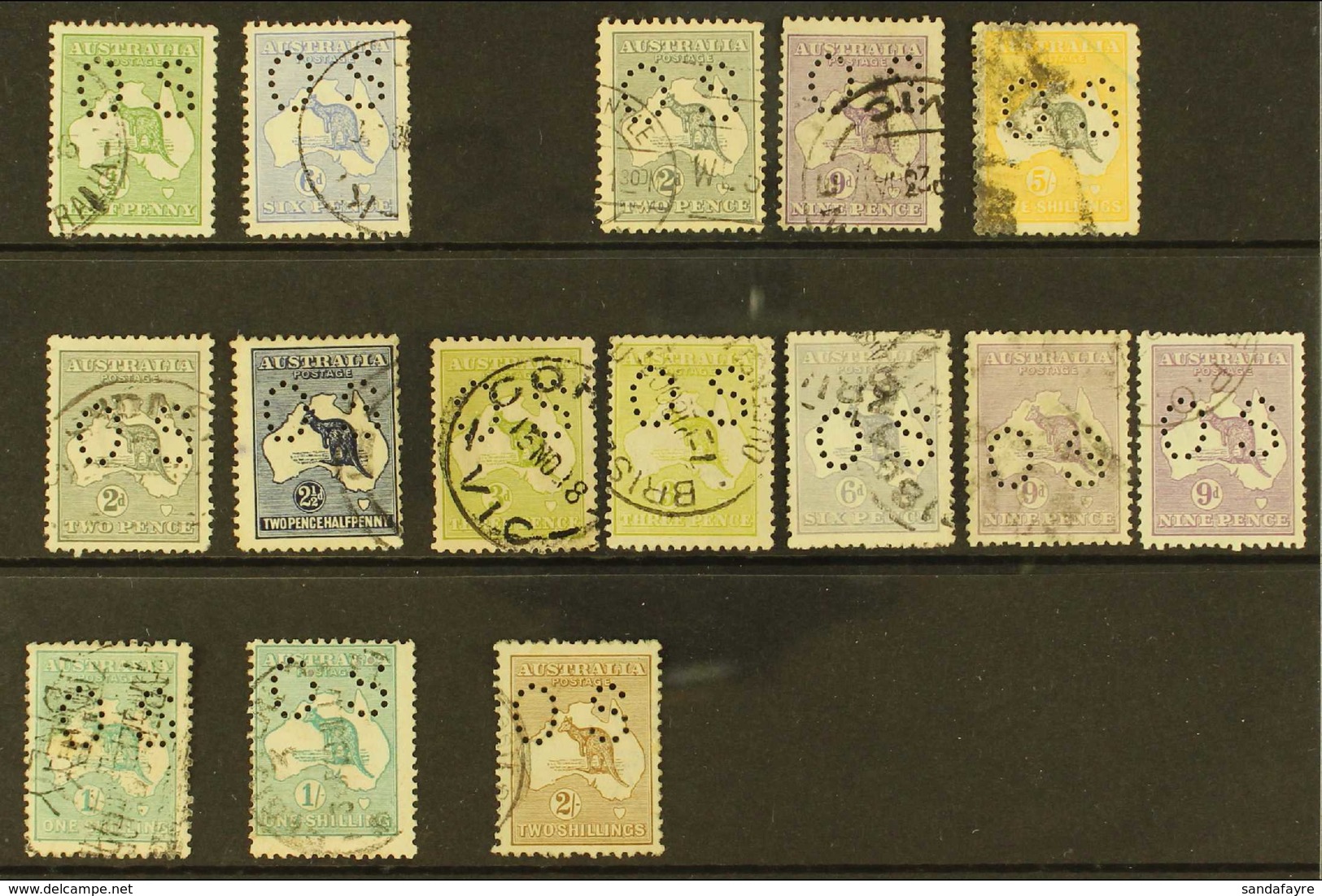 OFFICIALS 1914 - 1928 Range Of Punctured "OS" On Kangaroos Incl 1914 ½d And 6d, 1915 2d Grey, 9d Violet And 5s Grey And  - Autres & Non Classés