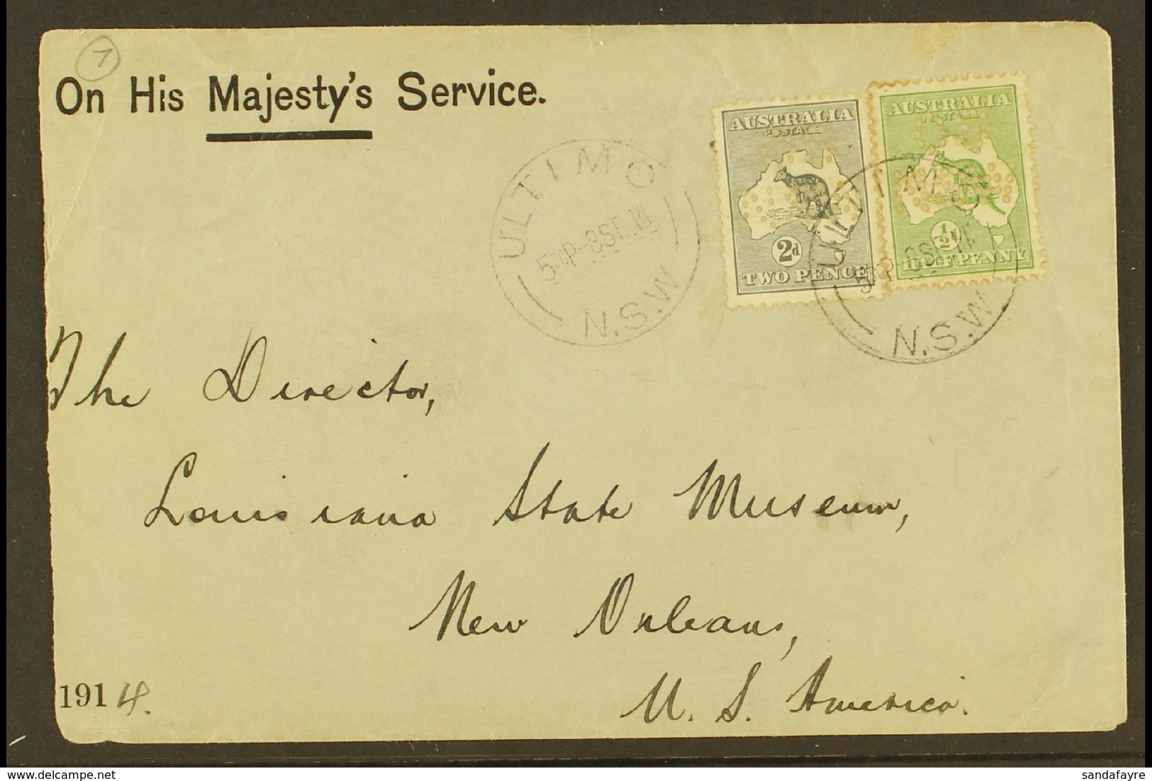 OFFICIALS ON COVER 1914 "OHMS" Cover To USA, Franked With ½d & 2d Roos Punctured "OS / NSW," Tied By ULTIMO 8.9.14 Postm - Autres & Non Classés