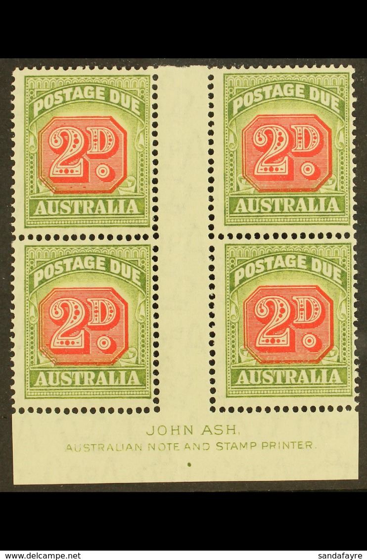 POSTAGE DUE 1946-57 2d Carmine And Green, SG D121, JOHN ASH Imprint Block Of Four, Superb Mint. (4 Stamps) For More Imag - Andere & Zonder Classificatie