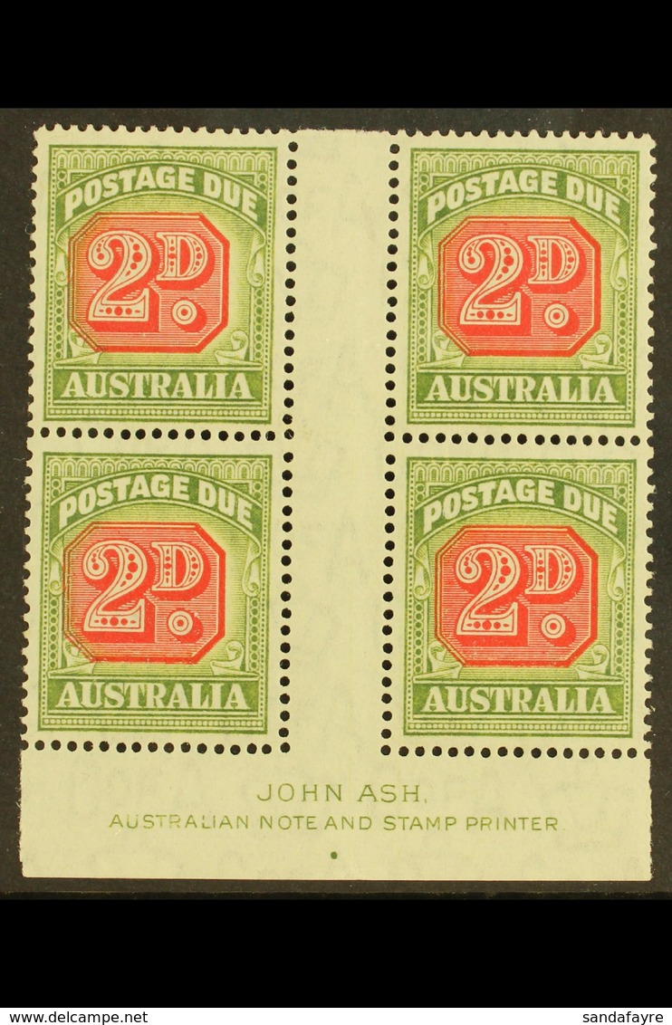 POSTAGE DUE 1946-57 2d Carmine And Green, SG D121, JOHN ASH Imprint Block Of Four, Very Fine Mint. (4 Stamps) For More I - Andere & Zonder Classificatie