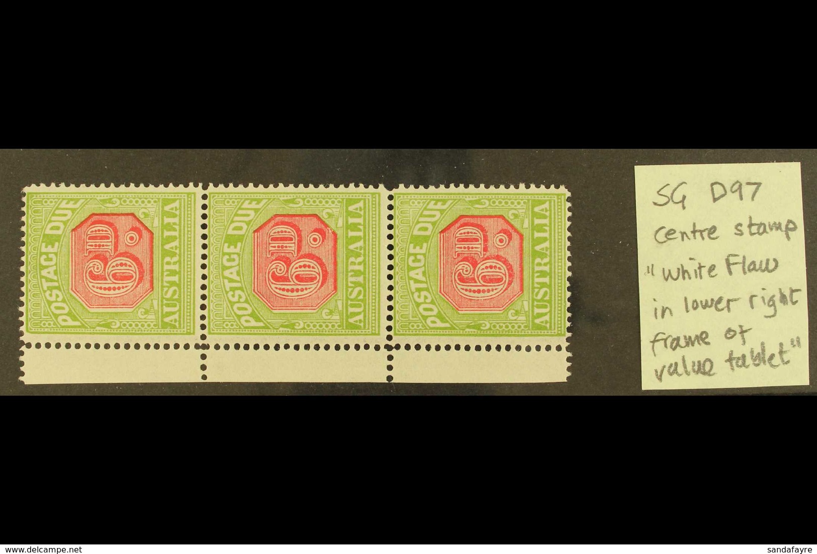 POSTAGE DUES 1922-30 6d Carmine And Yellow-green, SG D97, A Very Fine Left Marginal VERTICAL STRIP OF THREE, The Middle  - Andere & Zonder Classificatie